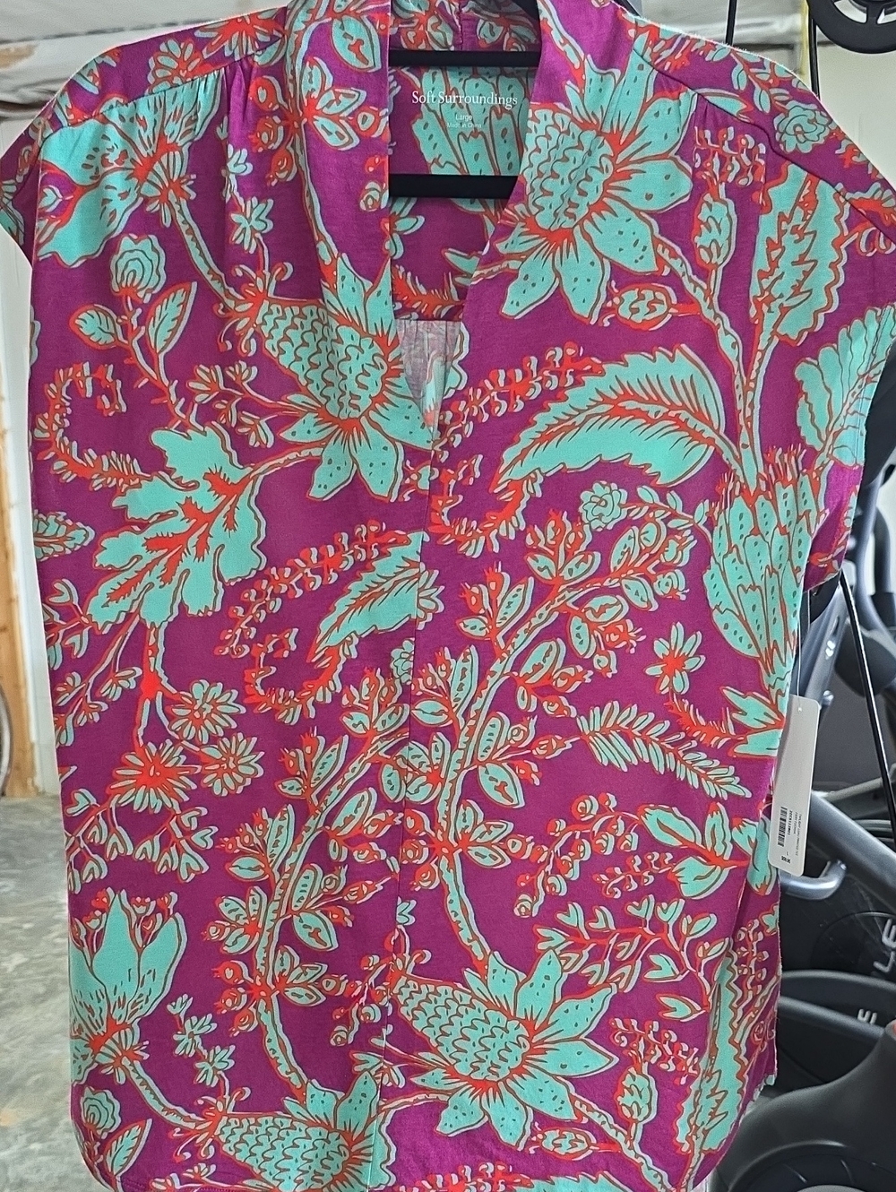 Soft Surroundings Fuchsia Floral Short-Sleeve Blouse with Turquoise Accents